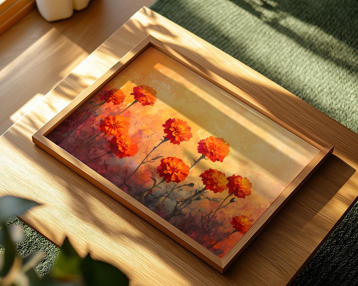 Burnt Orange Marigolds Golden Glow Textured Floral Oil Painting Poster - Image 2