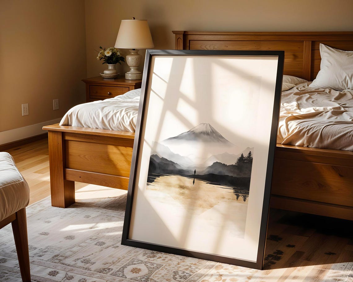 Mount Fuji Minimal Ink Painting Lonely Figure Misty Lake Poster - Image 4