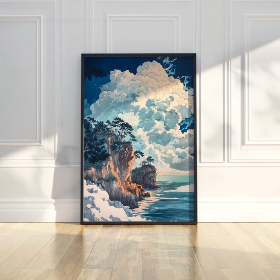 Dramatic Coastal Cliffs Billowing Clouds Ocean Landscape Poster