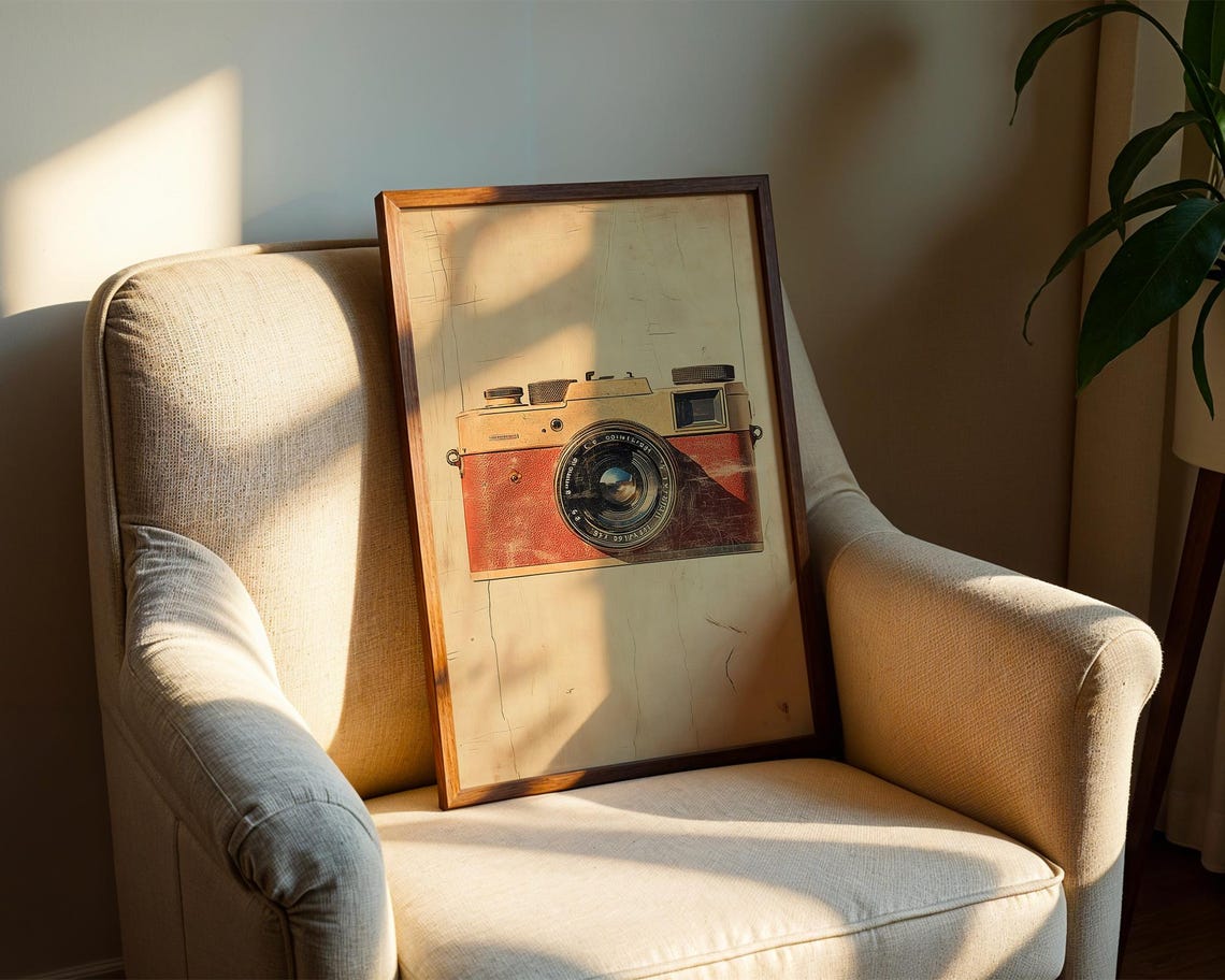 Vintage Rangefinder Camera Tan And Red Leather On Wood Poster - Image 2
