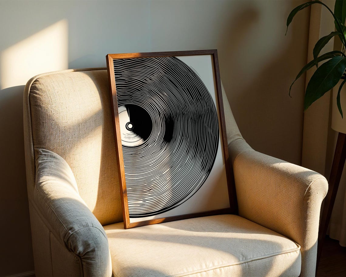 Vinyl Record Close Up Modern Black And White Line Art Music Poster - Image 2