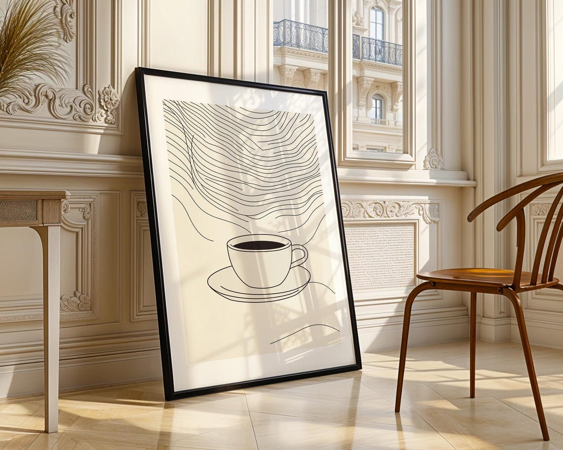 Hot Coffee Cup Saucer Steam Line Art Kitchen Minimalist Poster - Image 4