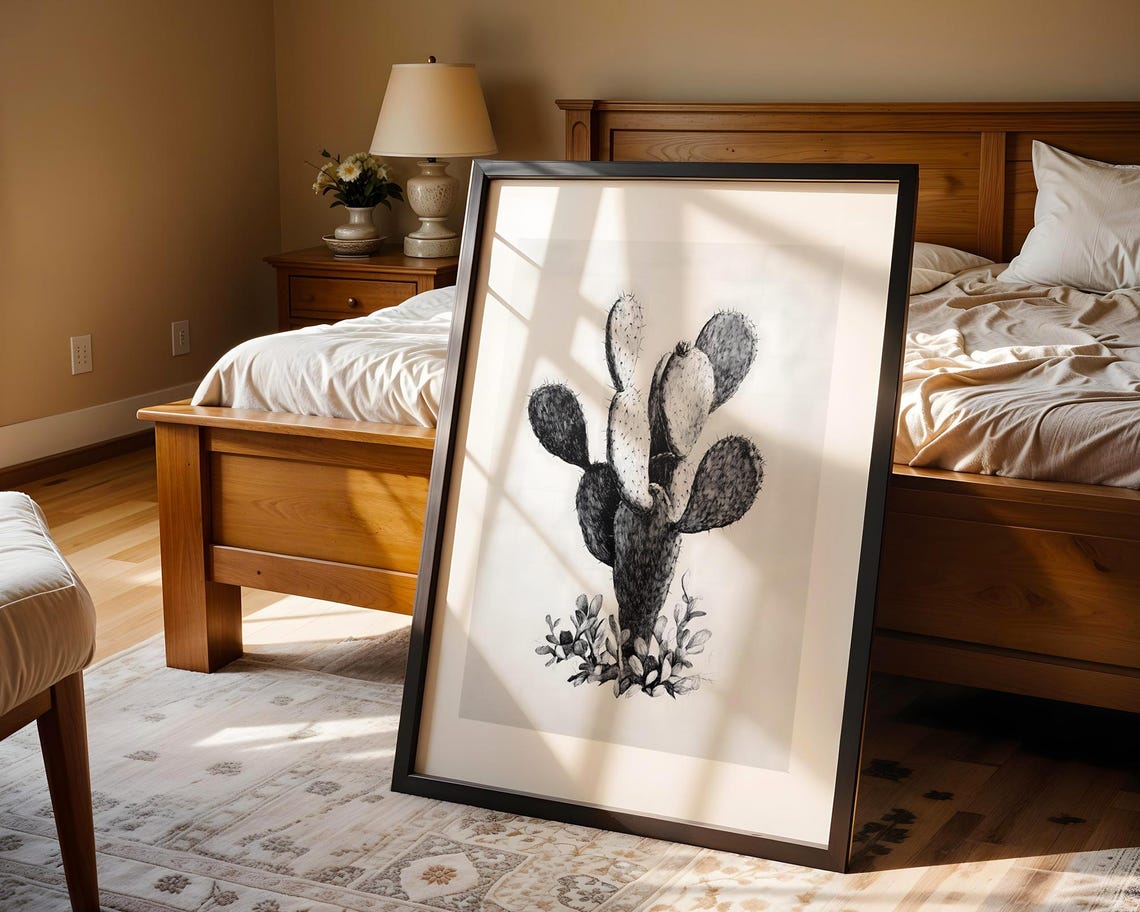 Charming Prickly Pear Cactus Black And White Pencil Sketch Poster - Image 5
