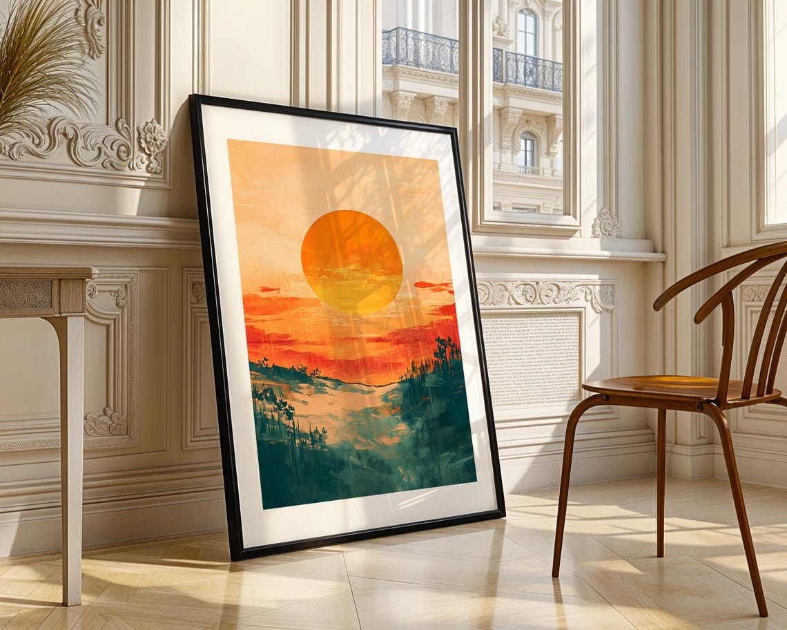 Giant Orange Sun Setting Over Abstract Teal Landscape Sunset Poster - Image 3