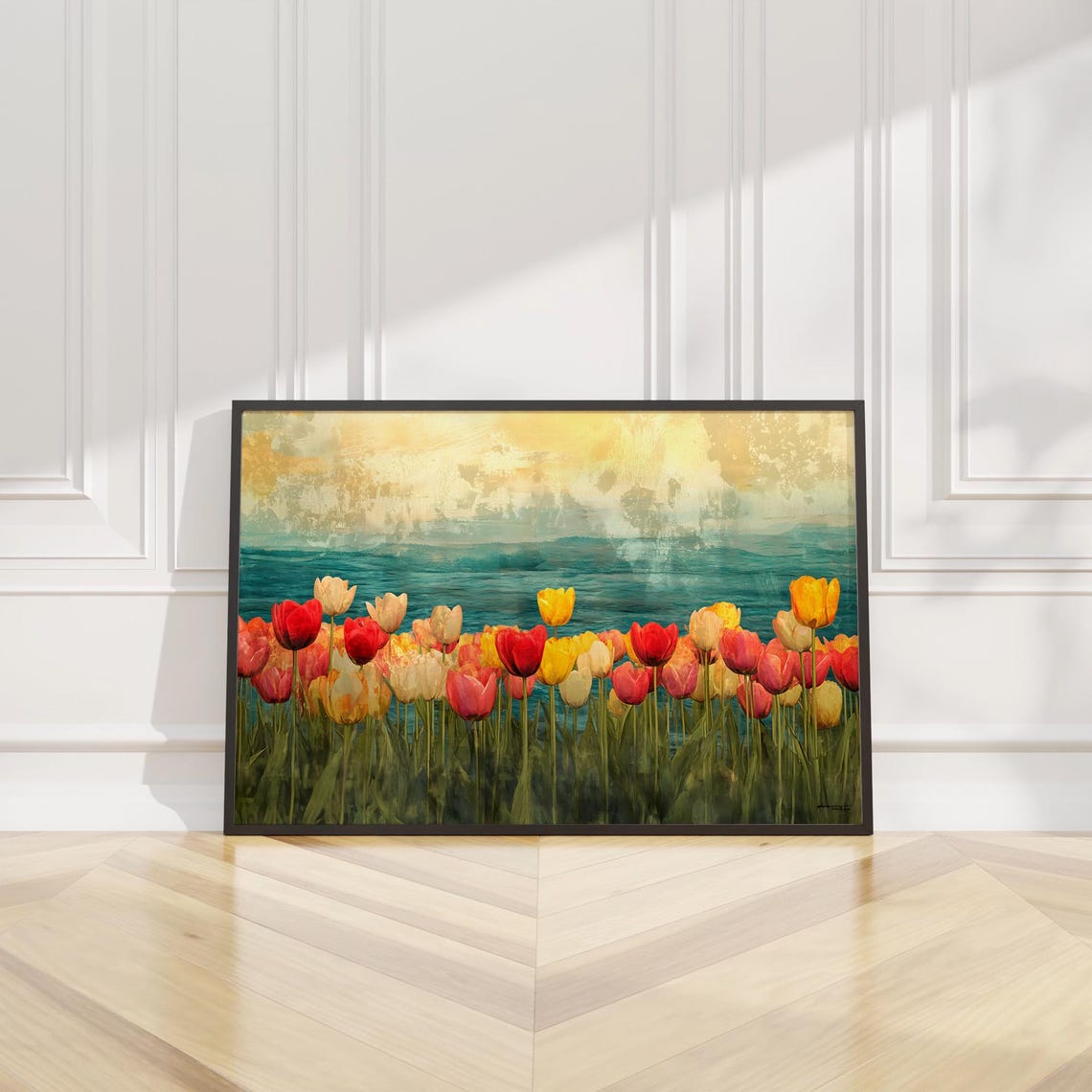Colorful Tulips Teal Water Impressionist Spring Bloom Landscape Poster