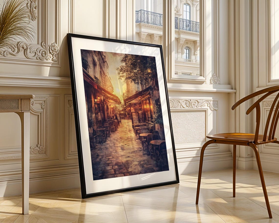 Romantic Vintage European Street Cafe Sunset Alley Scene Poster - Image 3