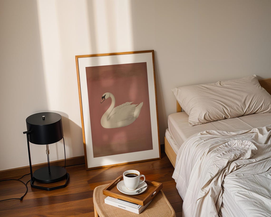 Vintage White Swan Dusty Rose Background Bird Painting Poster - Image 2