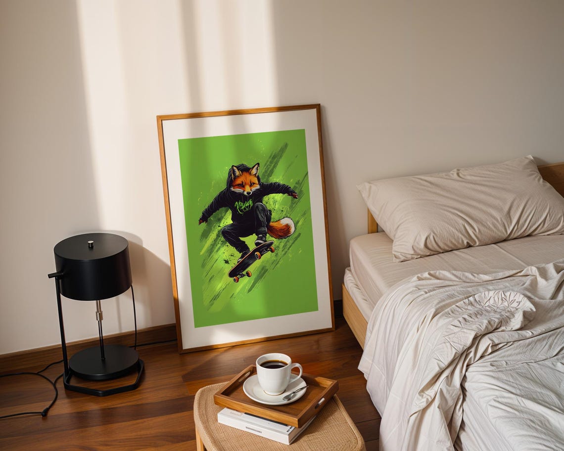 Skateboarding Fox Black Hoodie Jump Bold Green Graffiti Style Poster - Image 2
