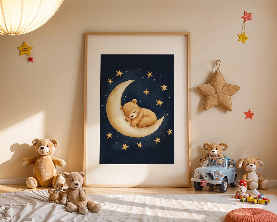 Cute Sleeping Baby Teddy Bear On Moon Night Sky Nursery Wall Art - Image 3
