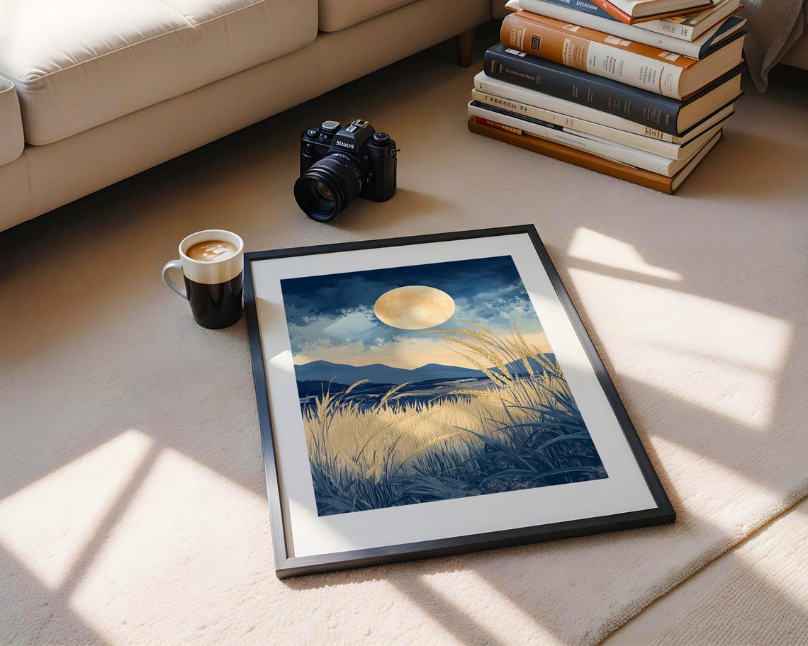 Golden Full Moon Over Night Wheat Field Blue Mountain Poster - Image 5