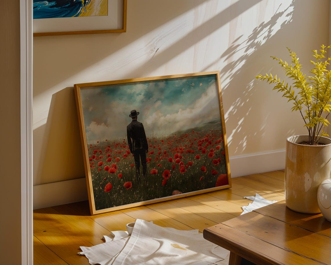 Moody Men In Red Poppy Field Wall Art Print Oil Painting Remembrance Day Floral Nature Landscape Home Decor Living Room Bedroom Office Gift - Image 4