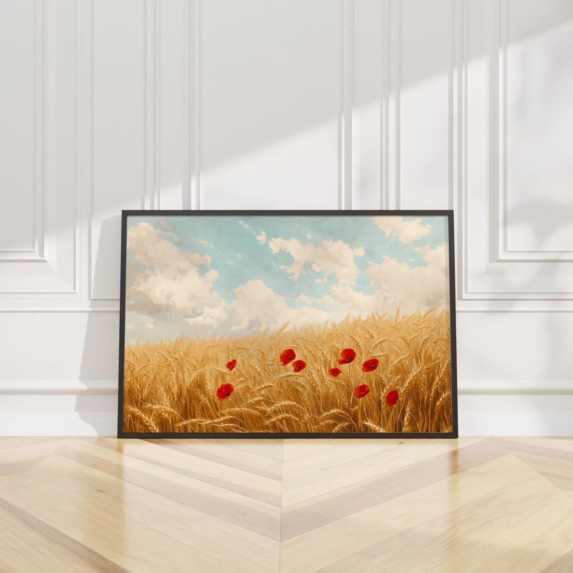 Golden Wheat Field Poppy Flower Wall Art Print Oil Painting Farm Landscape Nature Rustic Scenic Harvest Home Decor Living Room Bedroom Gift