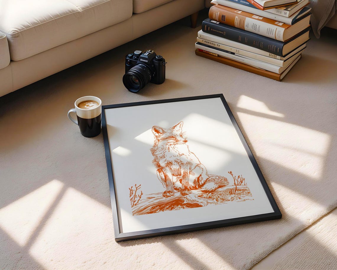 Alert Red Fox Sitting Orange Line Drawing Wildlife Sketch Poster - Image 6