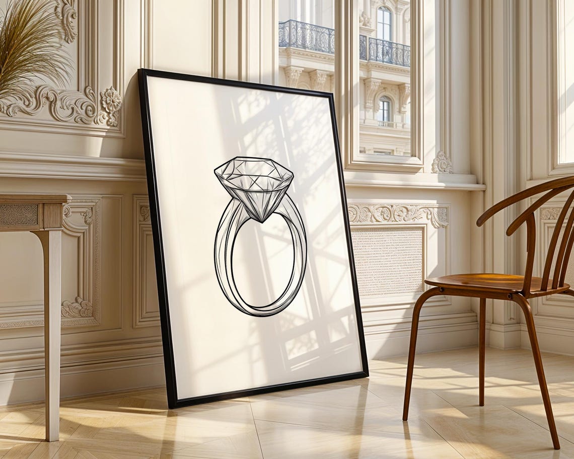 Diamond Ring Line Drawing Minimalist Engagement Jewelry Wall Art - Image 4