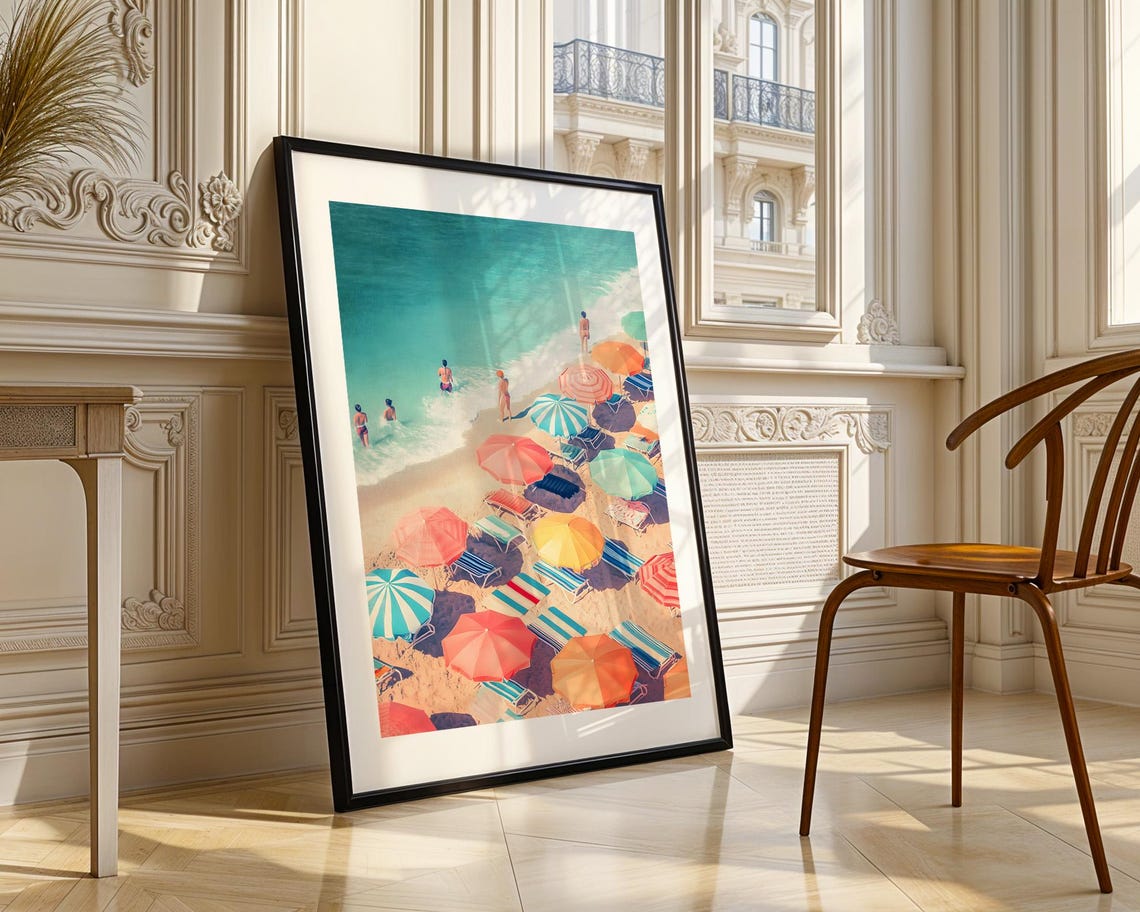 Colorful Beach Umbrellas And Swimmers Sunlit Coastal Scene Poster - Image 3