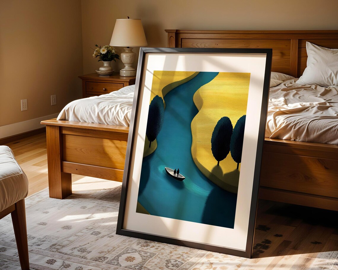 Golden River Minimalist Aerial Abstract Boat Journey Style Poster - Image 4
