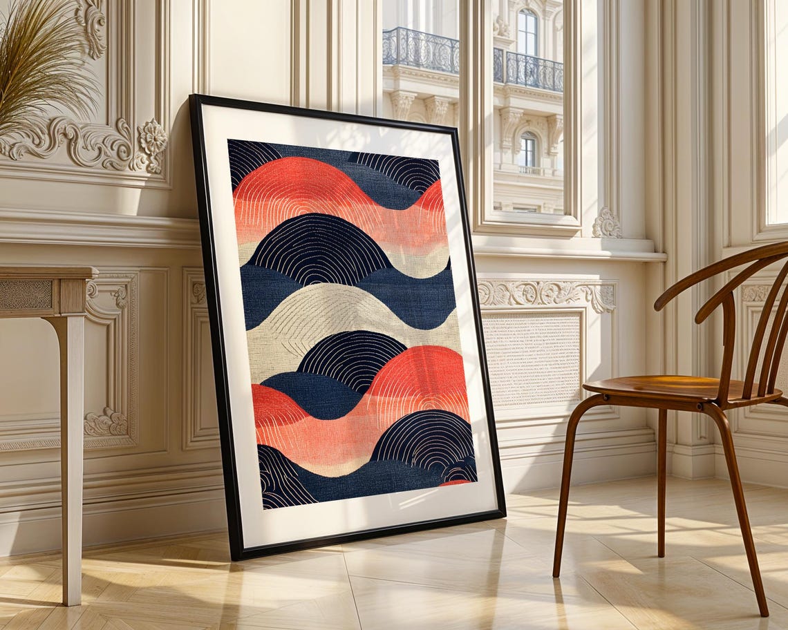 Contemporary Abstract Curved Wave Shapes Red Navy Cream Poster - Image 3