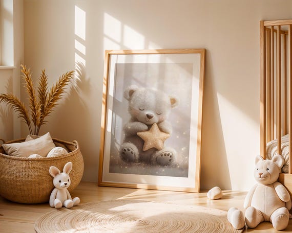 Cute Bear With Star Nursery Wall Art Soft Pastel Teddy Illustration Sparkly Baby Room Decor Kids Bedroom Shower Gift