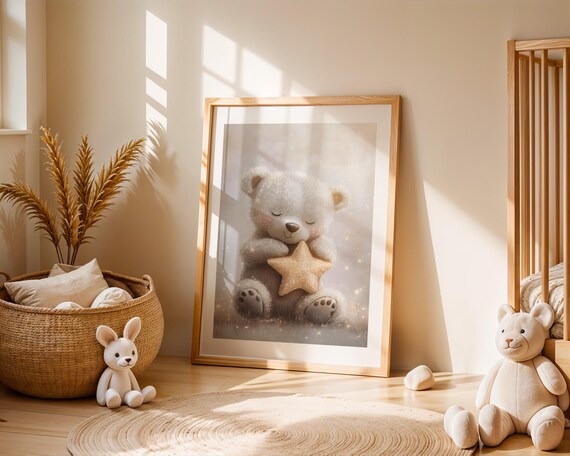 Cute Sleeping Teddy Bear Star Soft Pastel Baby Nursery Wall Art