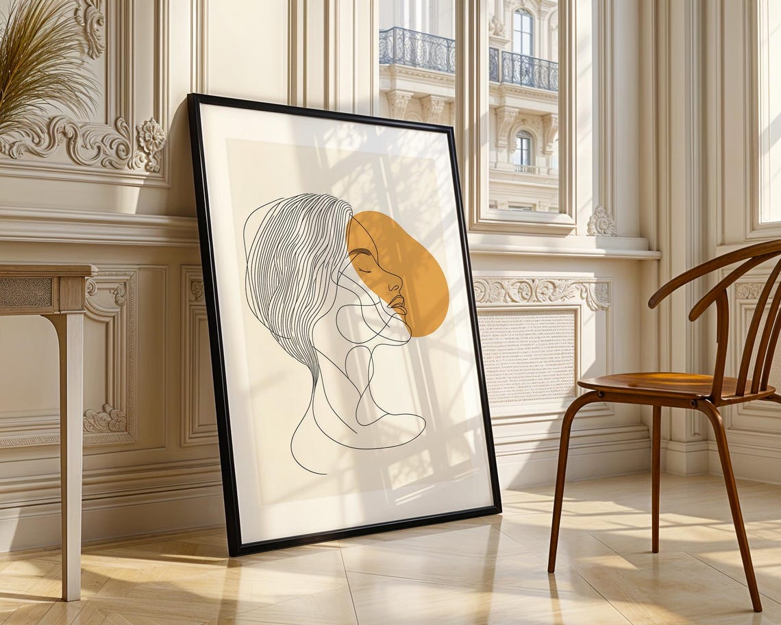 Woman Face Line Art Mustard Sun Abstract Minimalist Modern Poster - Image 3