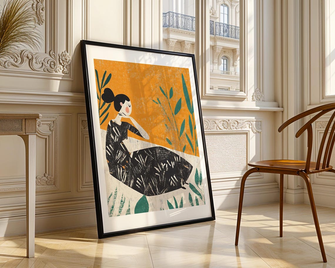 Abstract Seated Woman With Leaves Bold Orange Modern Art Poster