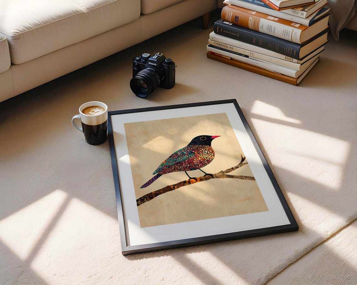 Colorful Mosaic Songbird On Branch Black Head Red Beak Wall Print - Image 4
