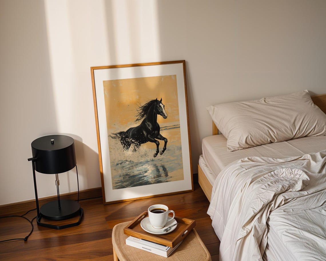Black Horse Galloping Through Water Golden Sky Painting Poster - Image 2