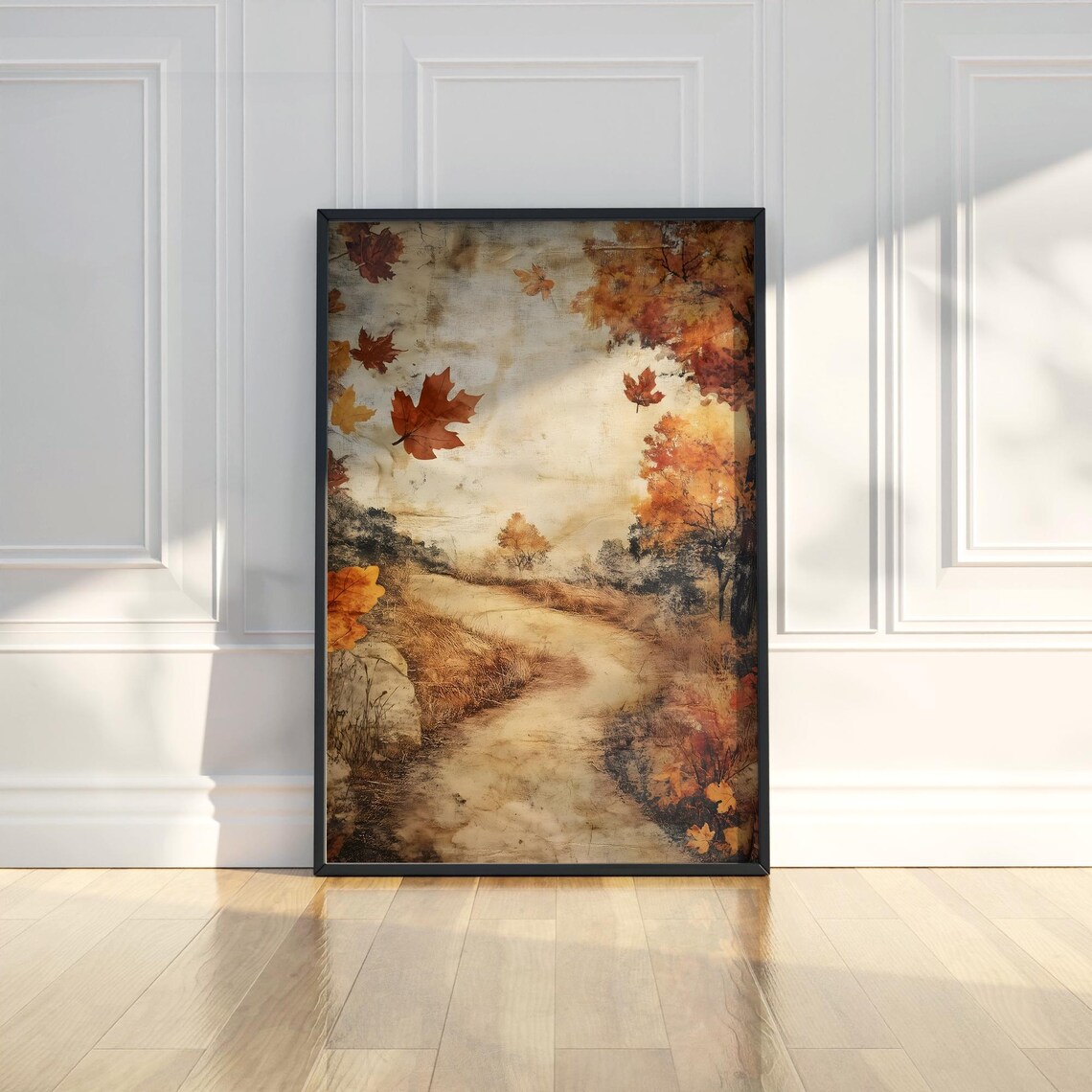 Vintage Autumn Path With Falling Maple Leaves Rustic Fall Painting Poster