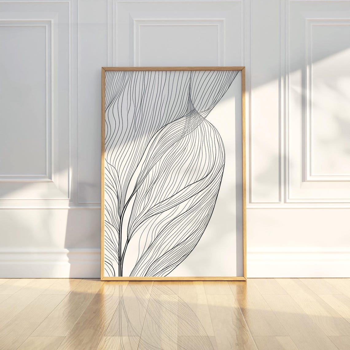 Abstract Flowing Leaf Line Art Black White Modern Decor Poster