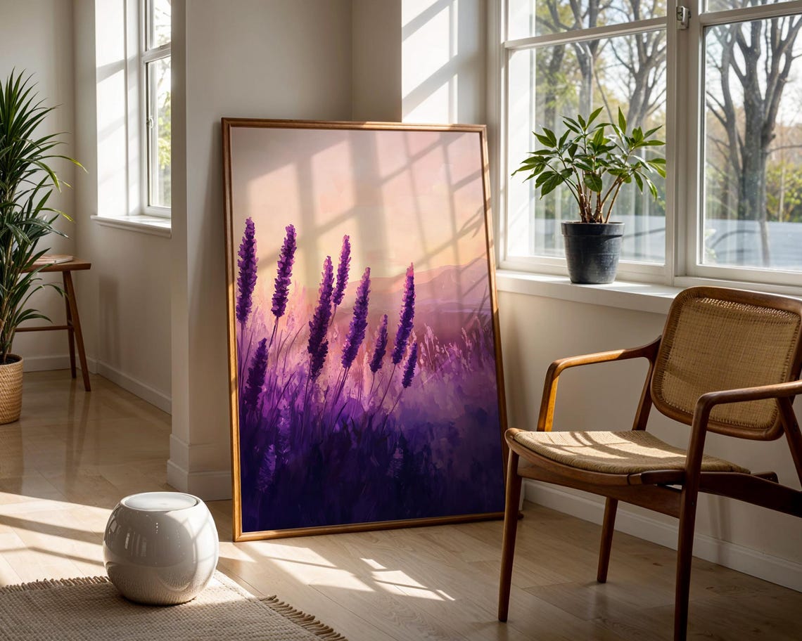 Lavender Flower Spikes Closeup Pink Sky Botanical Bloom Art Poster