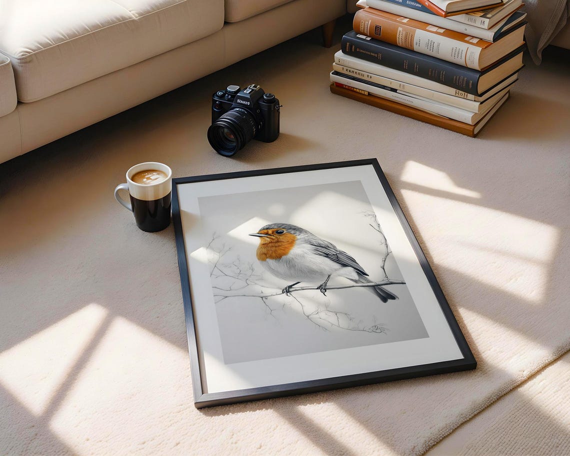 European Robin Bird On Branch Watercolor Portrait Artwork Poster - Image 5