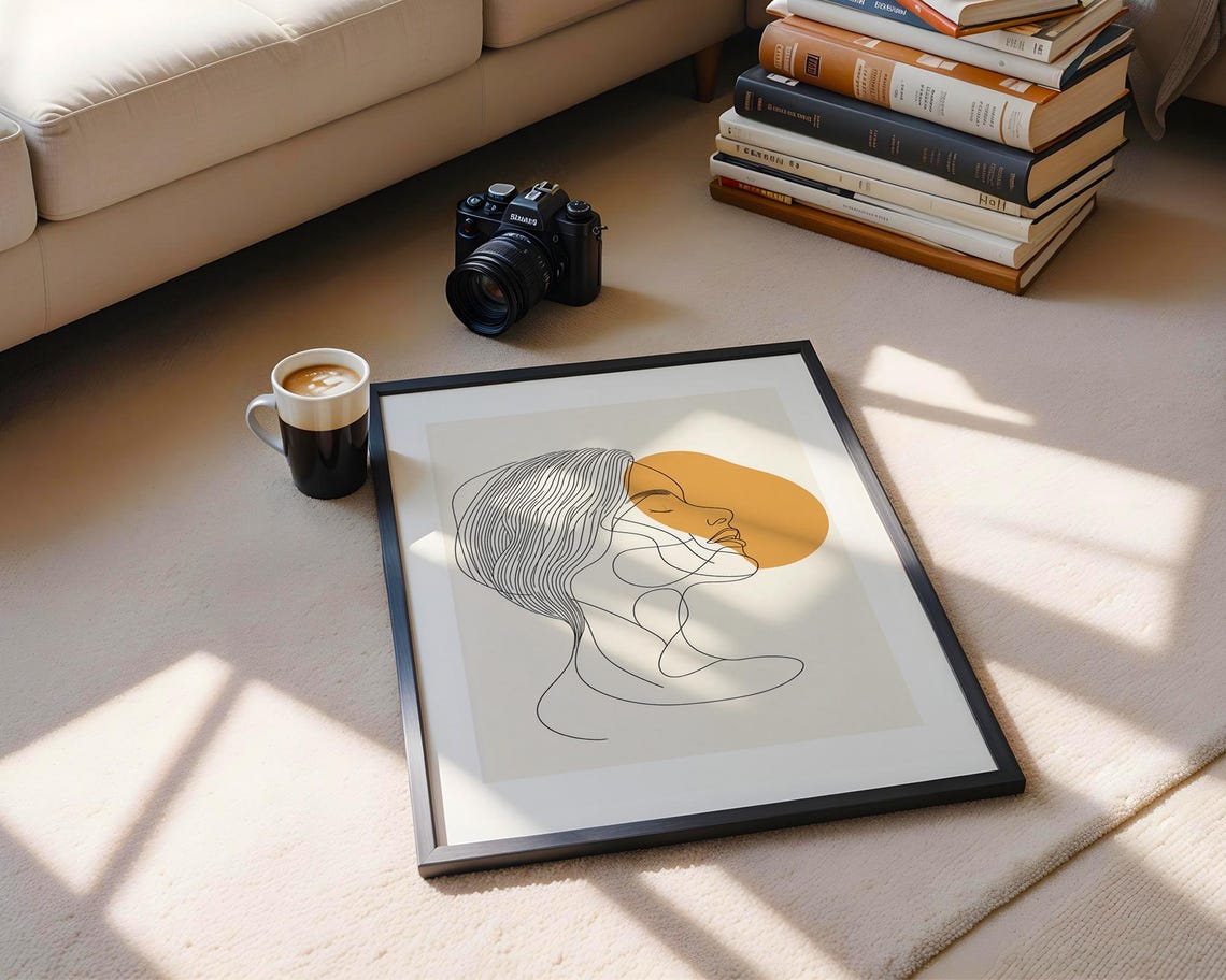 Woman Face Line Art Mustard Sun Abstract Minimalist Modern Poster - Image 5