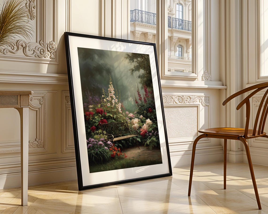Misty Flower Garden with Iron Bench Romantic Painting Poster - Image 3