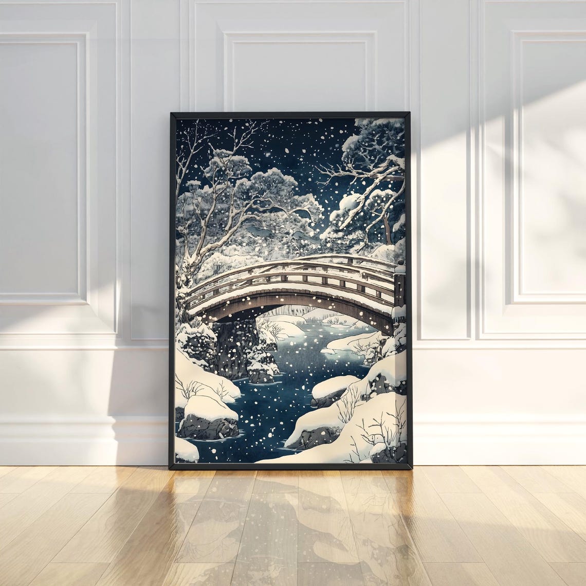 Serene Japanese Snowy Night Bridge Winter Landscape Art Print