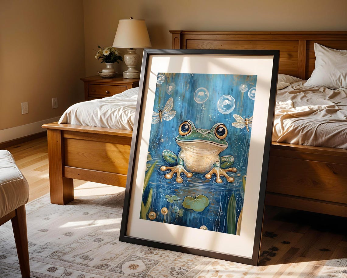 Cute Frog Lily Pad Pond Dragonflies Art Print Trendy Wall Room Decor Prints Poster Gift