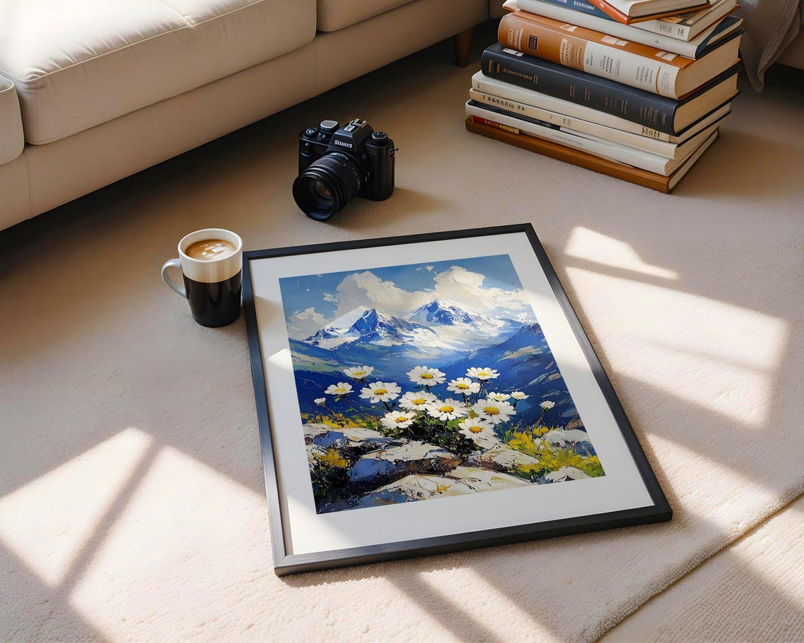 White Daisies Alpine Mountain Peaks Impasto Oil Style Poster - Image 5