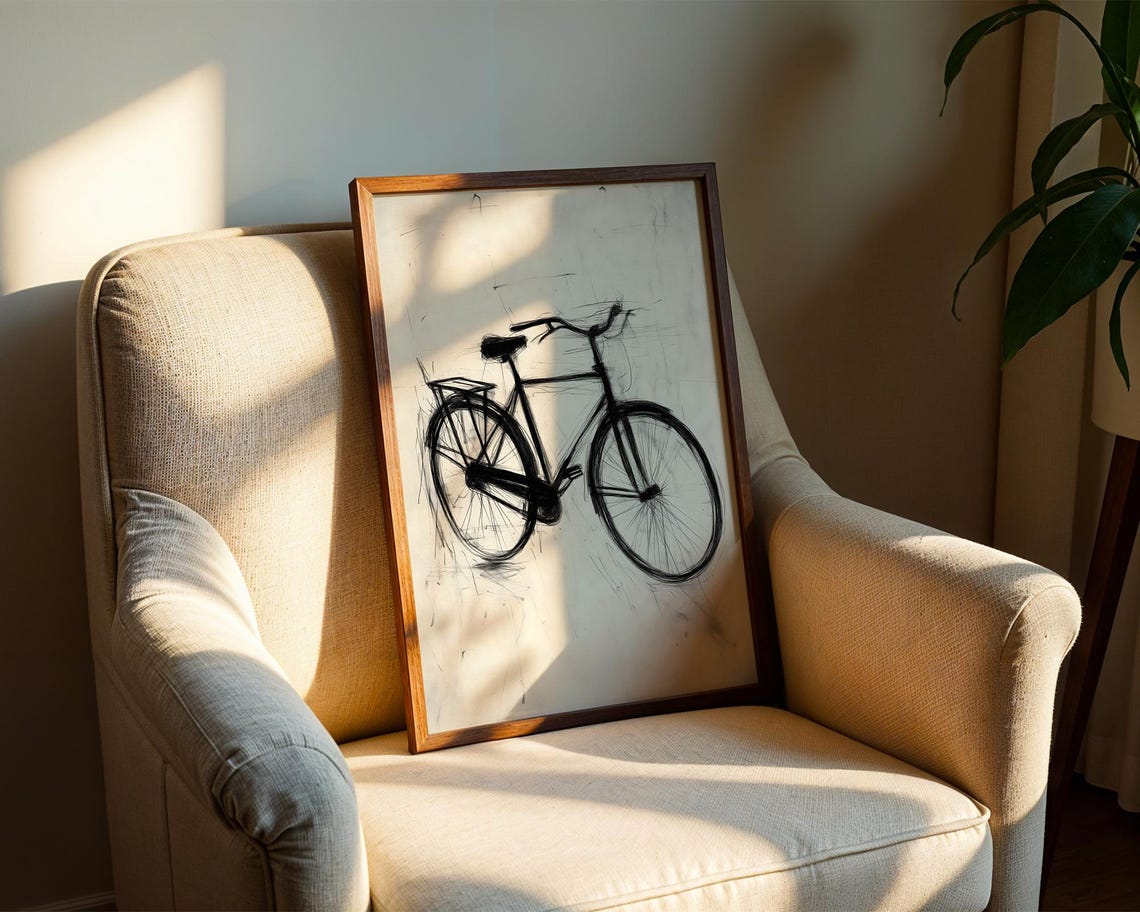 Vintage Bicycle Black Ink Sketch Minimalist Monochrome Wall Art - Image 2