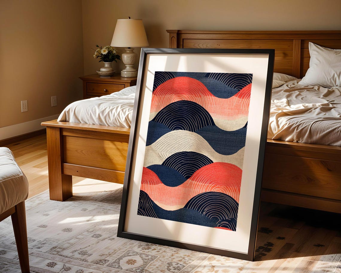 Contemporary Abstract Curved Wave Shapes Red Navy Cream Poster - Image 4