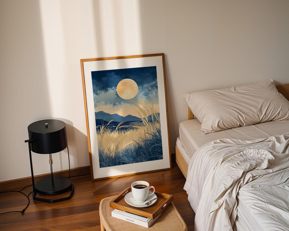 Golden Full Moon Over Night Wheat Field Blue Mountain Poster - Image 2