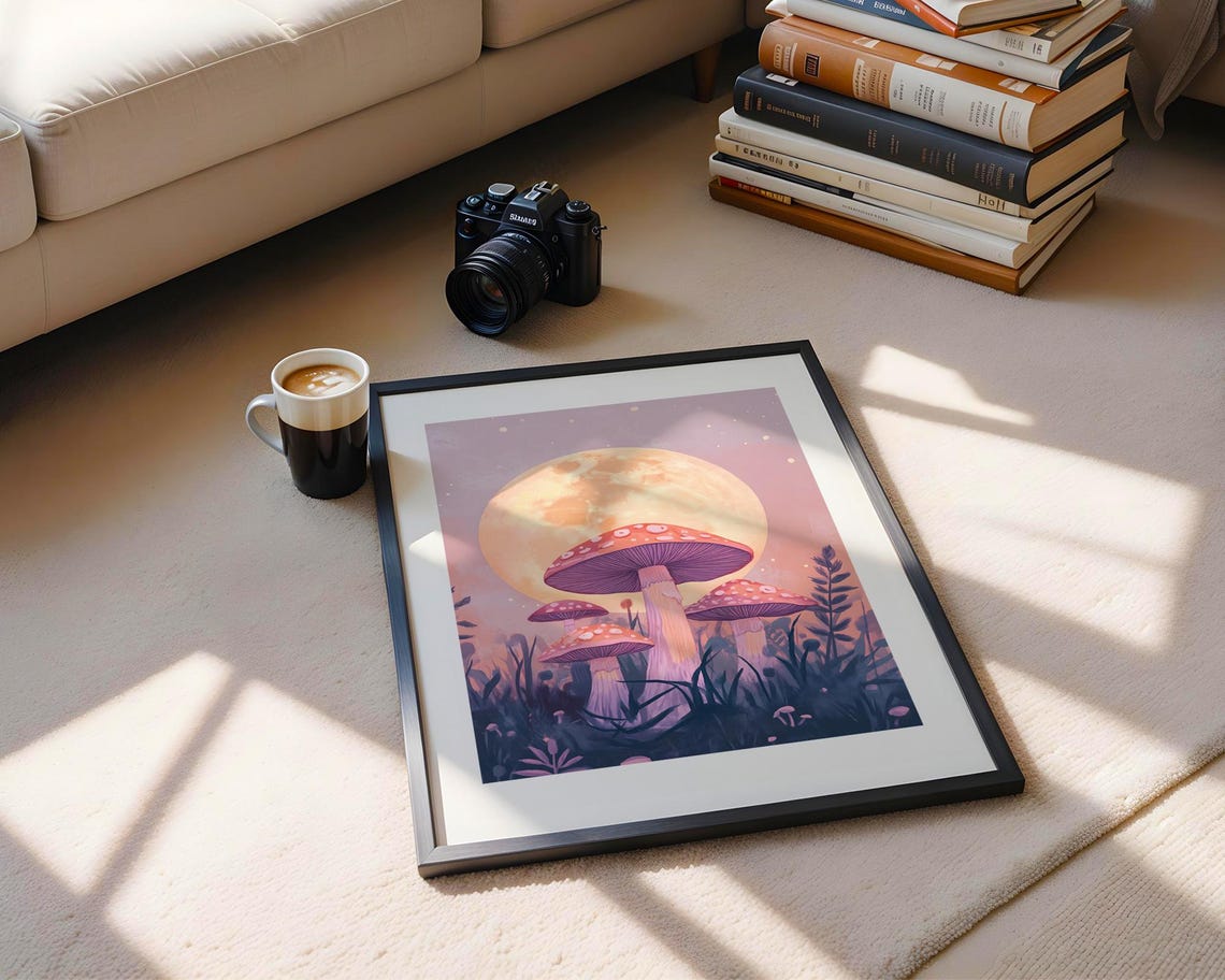Red Spotted Mushrooms Under Giant Golden Moon Pastel Night Poster - Image 5