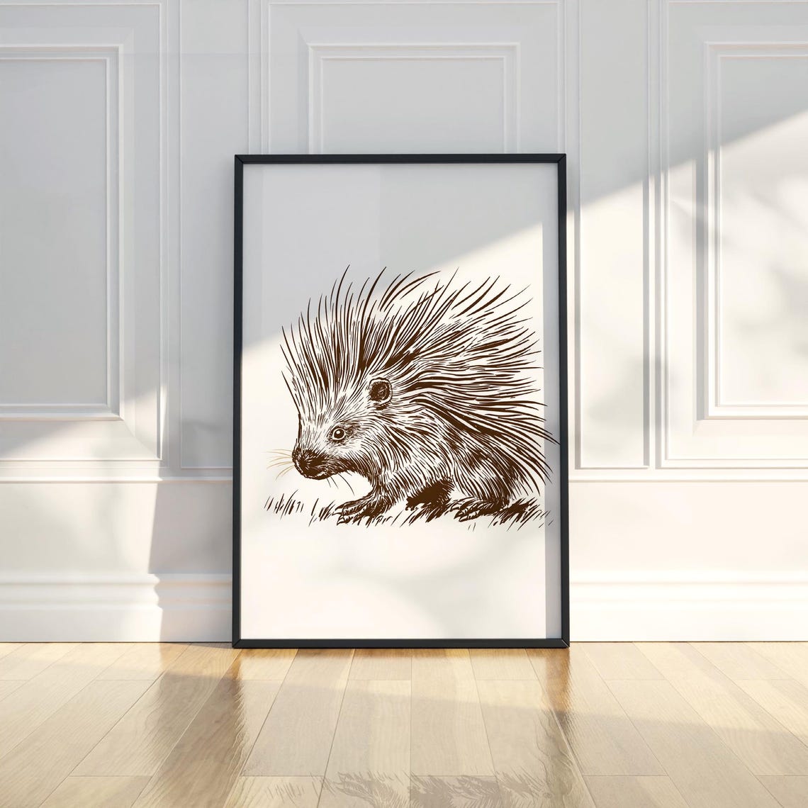 Sepia Porcupine Ink Sketch Vintage Wildlife Illustration Poster