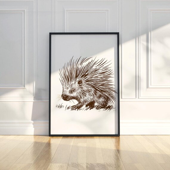 Porcupine Ink Sketch Line Art Simple Animal Illustration Drawing Trendy Poster Wall Print Modern Home Decor