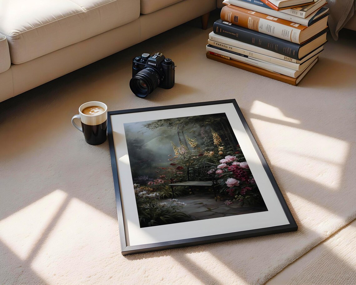 Moody Floral Garden Bench Oil Painting Cottage Garden Poster - Image 6