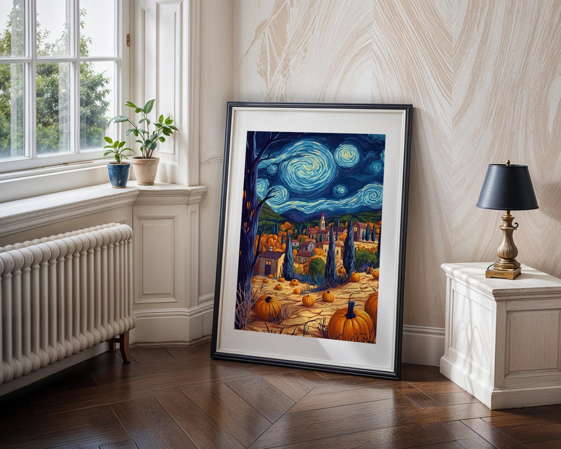 Starry Night Pumpkin Patch Village Fall Cozy Harvest Art Poster - Image 4