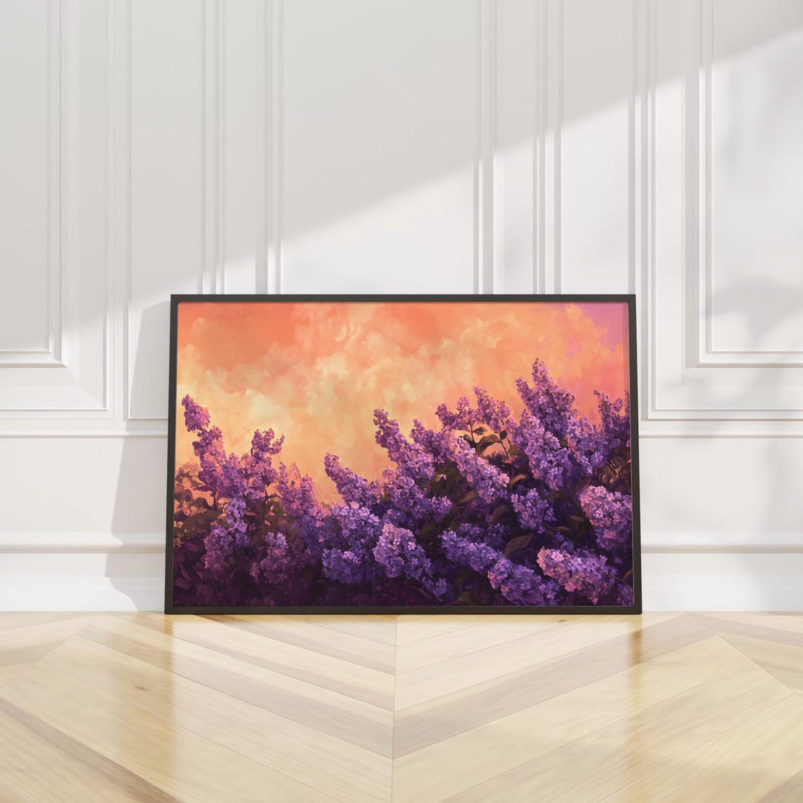 Purple Lilac Blooms Orange Sunset Sky Dramatic Floral Poster