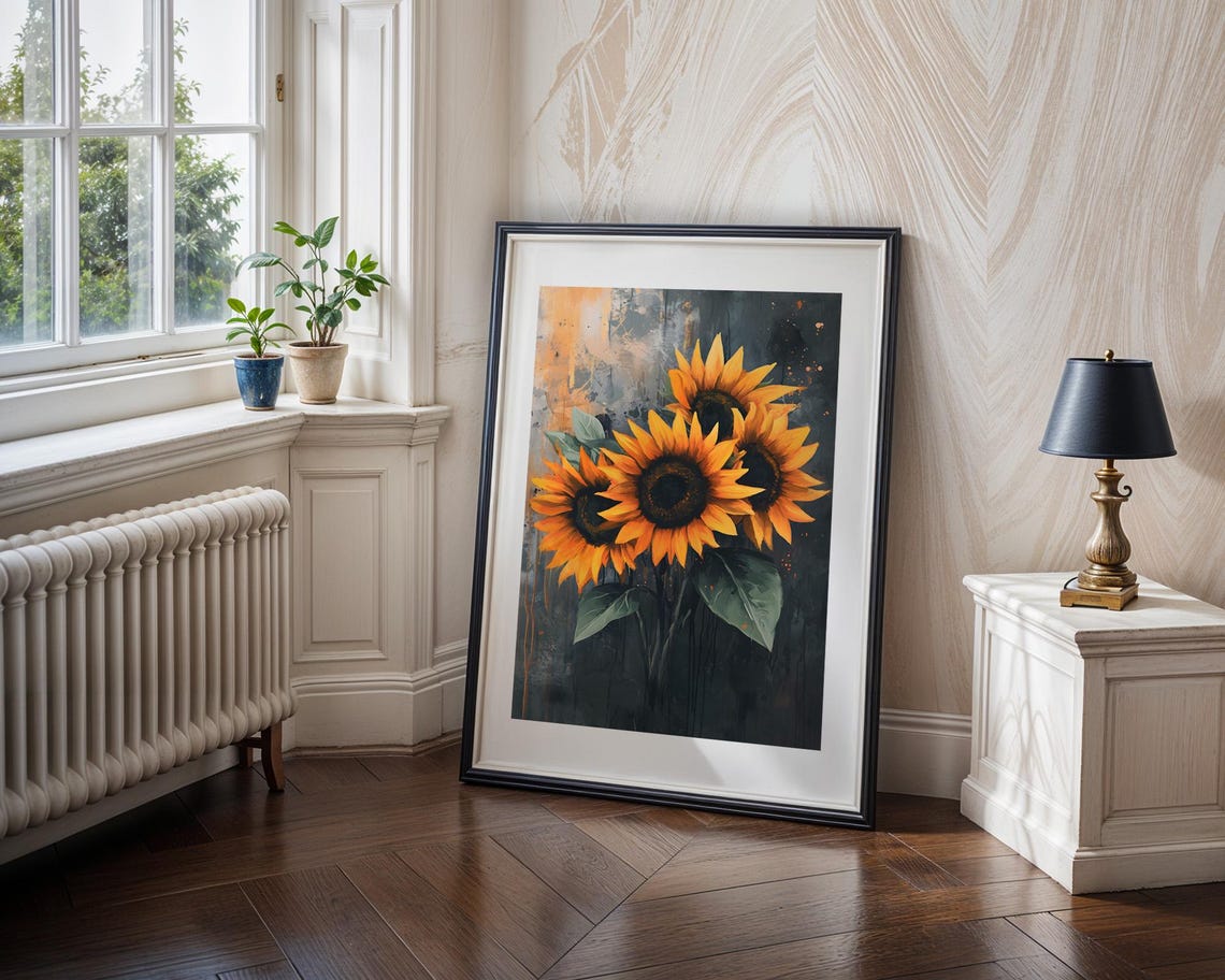 Bright Bold Sunflower Bouquet Rustic Grunge Floral Painting Poster - Image 4
