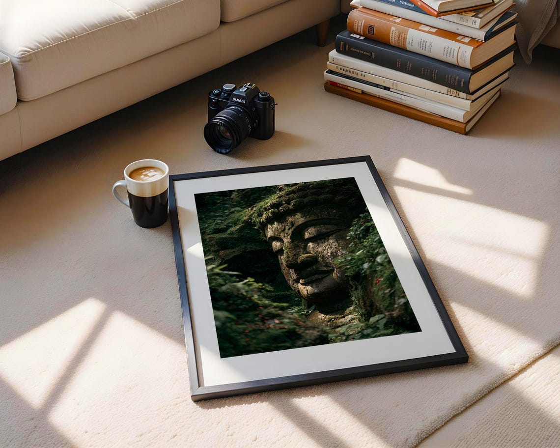 Ancient Moss Covered Buddha Head Zen Jungle Statue Photo Poster - Image 6