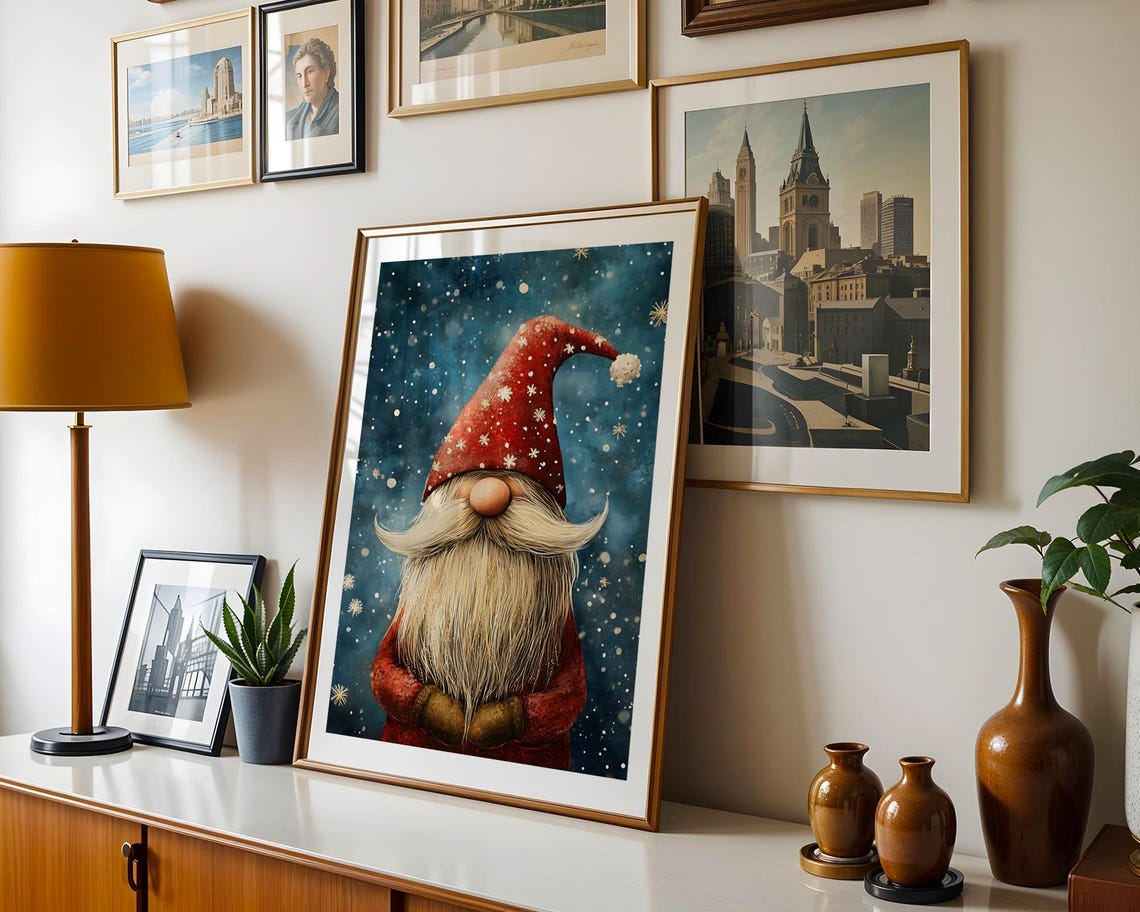 Festive Christmas Gnome In Red Hat Amid Falling Snowflakes Poster - Image 5