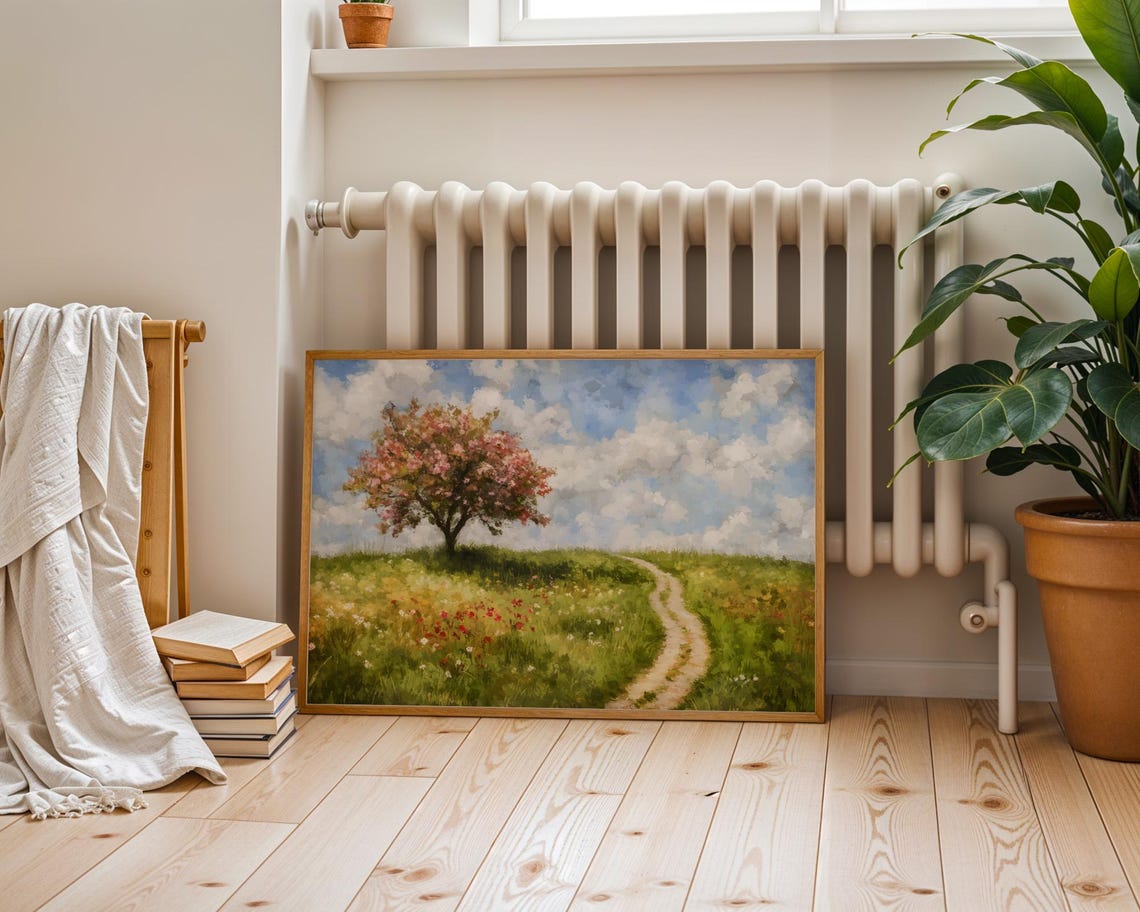 Blossoming Tree Green Hill Country Path Summer Landscape Wall Art - Image 6