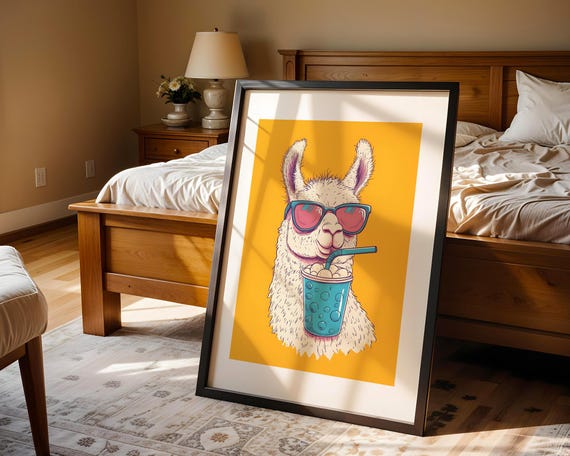 Llama With Sunglasses Drinking Smoothie Pop Art Illustration Trendy Wall Modern Prints Room Decor Print Funny